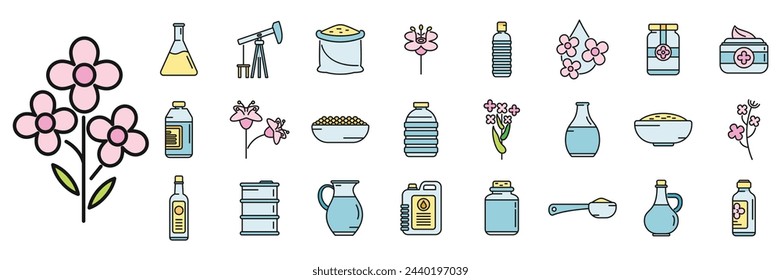 Canola icons set outline vector. Seed rapeseed. Cuisine oil thin line color flat isolated