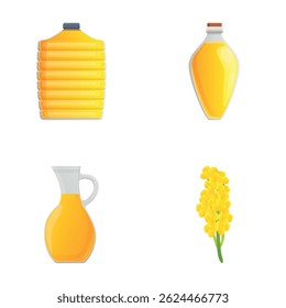 Canola product icons set cartoon vector. Canola oil and fuel. Brassica napus, plant