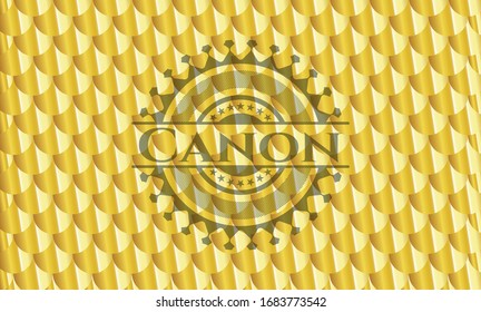 Canon gold shiny badge. Scales pattern. Vector Illustration. Detailed.