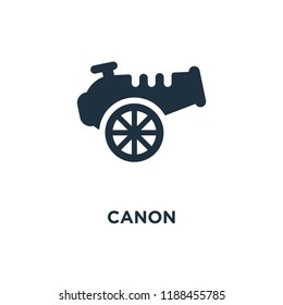 Canon icon. Black filled vector illustration. Canon symbol on white background. Can be used in web and mobile.