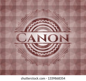 Canon red seamless badge with geometric background.