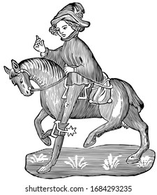 The Canon's Yeoman from Chaucer's Canterbury Tales, this picture shows The Canon's Yeoman riding on horse, vintage line drawing or engraving illustration