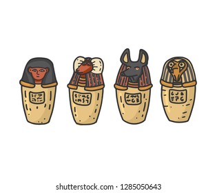 Canopic jars - ancient egyptian elements using for mummification. Isolated vector illustration in doodle hand drawn style.