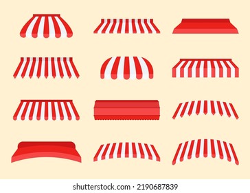 Canopies or awnings of different shapes vector illustrations set. Roof of shop or shelter with stripes, street restaurant, cafe or store tent isolated on white background. Shopping, exterior concept