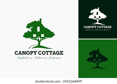 Canopy cottage logo design for vacation rentals, bed and breakfasts, or outdoor adventure companies. Perfect for nature-themed branding.