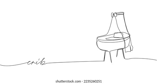 Canopy crib one line art with an inscription. Continuous line drawing of childhood, safety, protection, crib, children s sleep, sleep, relaxation, recreation.
