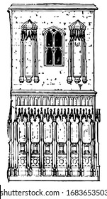 El canopy está proyectando moldura, rodea los arcos, cabezas de nichos góticos, dibujo vintage o ilustración grabadora.