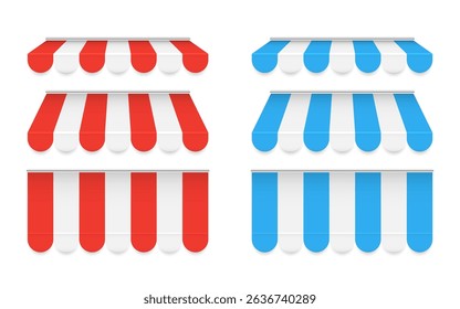Canopy set. Realistic set of shop canopies in red and blue stripes for storefront, market or cafe design element. Store tent template includes multiple shapes. Vector Illustration.