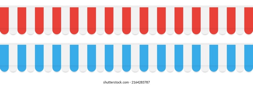 Canopy set. Red and blue tent on white background. Wide striped umbrella. Store awning. Canopy template for cafe or hotel. Vector illustration. svg