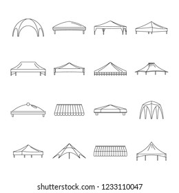 Juego de iconos de cuelgan de canopy. Ilustración de esquema de 16 iconos vectoriales de desbordamiento de cubrecamas para web