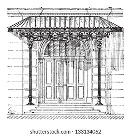 Canopy, showing a glass canopy protecting a door, vintage engraved illustration. Dictionary of Words and Things - Larive and Fleury - 1895