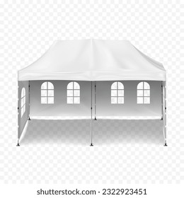 Canopy tent with back wall, side walls and clear windows realistic vector mockup. Blank white gazebo mock-up. Outdoor summer event portable marquee. Template for design