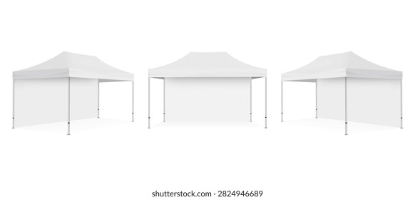 Canopy tents mockups set in front and side views for exhibition, event, advertising and branding design. Vector illustration
