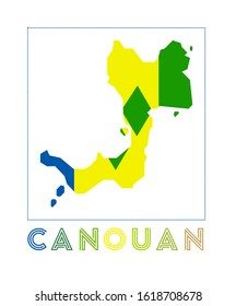 Canouan Logo. Map of Canouan with island name and flag. Creative vector illustration.
