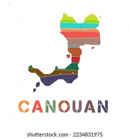 Canouan map design. Shape of the island with beautiful geometric waves and grunge texture. Appealing vector illustration.