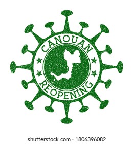 Canouan Reopening Stamp. Green round badge of island with map of Canouan. Island reopening after lockdown. Vector illustration.