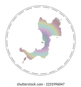 Logo de la ronda de Canouan. Forma de estilo digital de Canouan en círculo con nombre de isla. Icono tecnológico de la isla con puntos degradados. Ilustración vectorial de moda.
