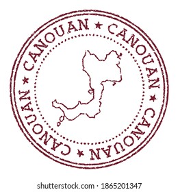 Canouan round rubber stamp with island map. Vintage red passport stamp with circular text and stars, vector illustration.