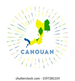 Canouan sunburst badge. The island sign with a map of Canouan featuring the Saint Vincentian flag. Colorful rays surround the logo. Vector illustration.