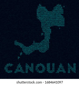 Mapa tecnológico de Canouan. Símbolo insular de estilo digital. Cibermapa de Canouan con el nombre de la isla. Ilustración vectorial atractiva.