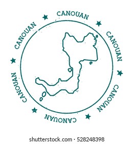 Canouan vector map. Retro vintage insignia with island map. Distressed travel stamp with Canouan text wrapped around a circle and stars. Canouan map vector illustration.