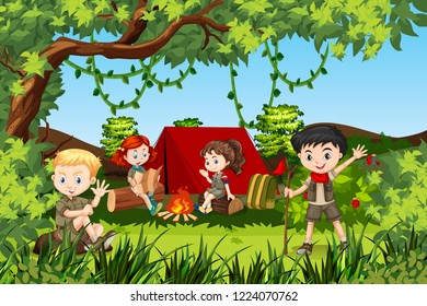 Canping children at the forest illustration
