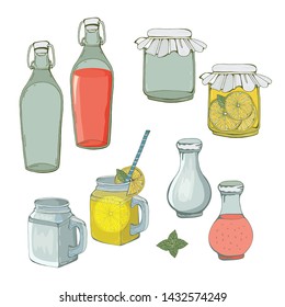 Cans and bottles on isolated white background. Glassware for storage. Juice, lemonade, and jam in a glass container. Color vector illustration.