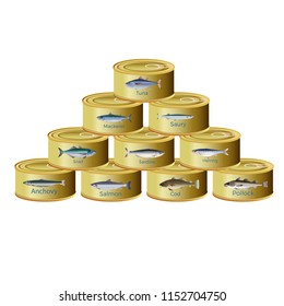 cans of canned fish stacked by a pyramid. Vector illustration isolated on white background
