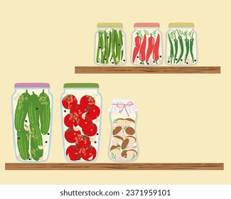 Cans of canned vegetables - tomatoes, cucumbers, beans, peppers, mushrooms