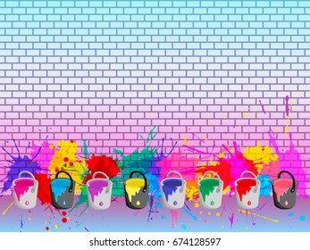 Cans with colors. Colorful stains on the wall. Vector illustration.
