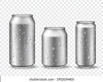 Cans with condensation. Cold aluminum beer, energy drink or lemonade can mockups with water drops. 3d realistic metal soda cans vector set. Illustration surface metallic alcohol banks