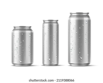 Cans with condensation drips. Realistic metallic cold drinks containers with water drops. Aluminum beer, soda or lemonade jars. Cool beverage packaging. Vector isolated