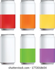 Cans of different colors isolated on white background vector mock up