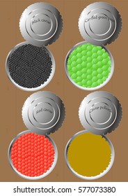 Cans with different kinds of caviar and green peas on a background of boards. 