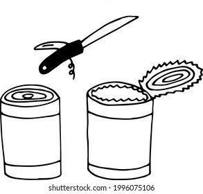 cans and folding knife set icon. hand drawn doodle. vector, scandinavian, nordic, minimalism, monochrome hike food