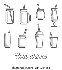 Cans and glasses for homemade lemonade and cold drinks. Vector icons