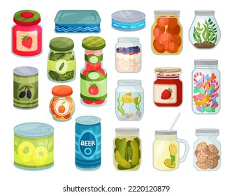 Cans and Jars with Preserved Food and Snacks Big Vector Set