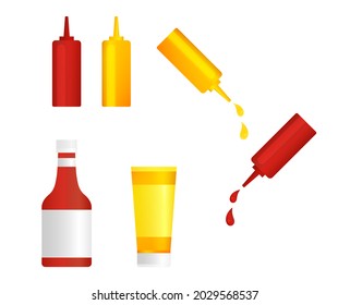Cans of ketchup and mustard. Various bottle options. Color gradient. Red and orange. White labels. Vector eps 10.