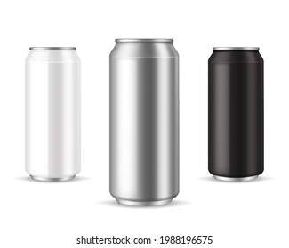 Cans metálicos. Colección de aluminio realista. Plantilla de embalaje blanco en blanco y negro para bebidas frías, envases de 500 ml de soda. Conjunto aislado de vectores de simulación de marca de marketing