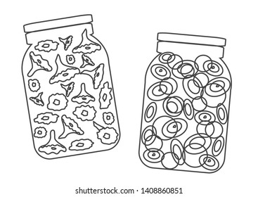 Cans with mushrooms and onion slices on a white background. Vector illustration.