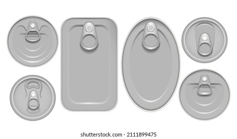 Cans packaging lids. Can cap top view set isolated, canned nutrition lid set for soda drink protein beer seafood storage vector illustration