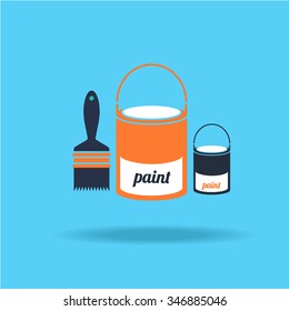 cans of paint, brush for painting