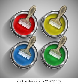 Cans of paint and brushes to paint. Vector illustration.