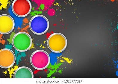 Cubos de pintura en un fondo oscuro con salpicaduras de color y espacio de copia para el texto - ilustración vectorial