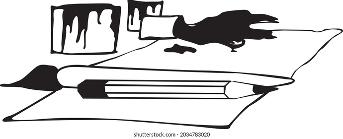 Cans of paints spilled on a piece of paper and a brush and pencil in the artist's studio