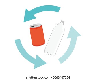 Cans y frascos de PET. Reciclar. Con Ilustración vectorial.
