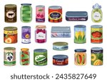 Cans preserved products. Canned food, glass jars with vegetables, fruits, tins with meat and fish, homemade compotes, pickles and jams, cartoon flat isolated illustration, tidy vector set