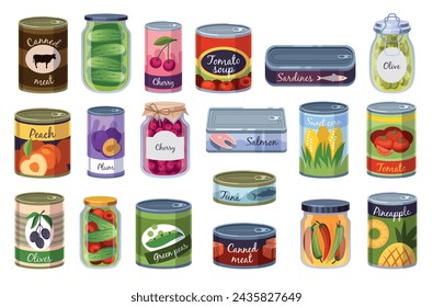 Cans preserved products. Canned food, glass jars with vegetables, fruits, tins with meat and fish, homemade compotes, pickles and jams, cartoon flat isolated illustration, tidy vector set