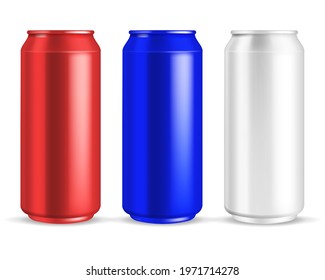 Cans realistic. Energy drink or beer aluminium blank can in red, white and blue colors, soda or lemonade beverage, empty 500 ml packaging. Branding blank container vector isolated mockup set