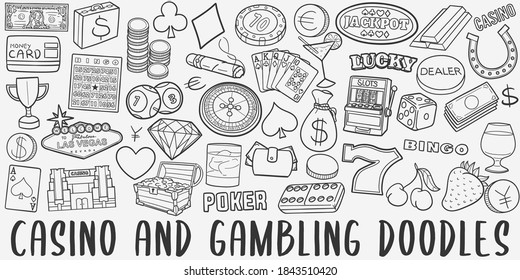 Cansino and Gambling doodle icon set. Game Vector illustration collection. Banner Hand drawn Line art style.